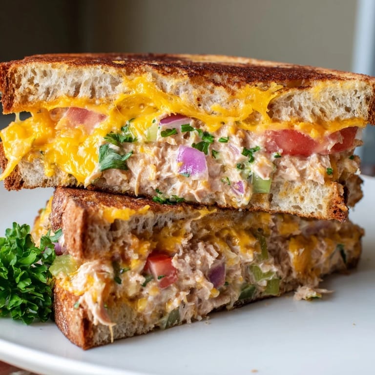 A classic Spicy Tuna Melt served hot, with tomato slices peeking out from between the crispy sourdough bread.