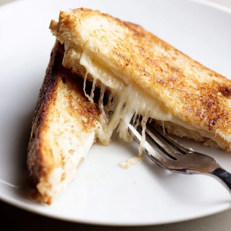 Freshly melted Three-Cheese Grilled Cheese oozes mozzarella, cheddar, and provolone from a crispy, buttery sourdough crust.
