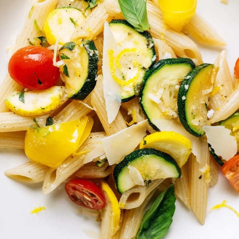 Bright, vegetarian Garden Veggie Pasta served in a white bowl, topped with lemon zest and fresh basil leaves beside a glass of crisp white wine.