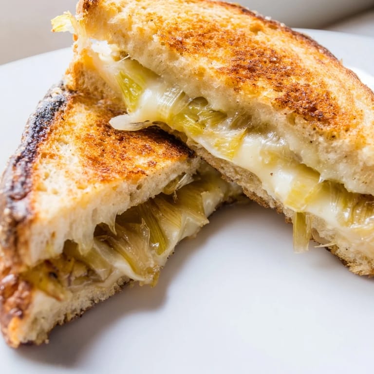 A close-up of a warm Havarti & Caramelized Leek Grilled Cheese highlights buttery bread and sweet, tender leeks inside.