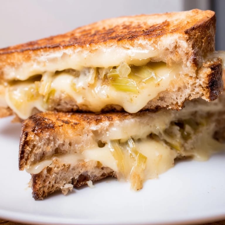 Freshly grilled Havarti & Caramelized Leek Grilled Cheese showcases melted cheese oozing from crispy sourdough with caramelized onions.  