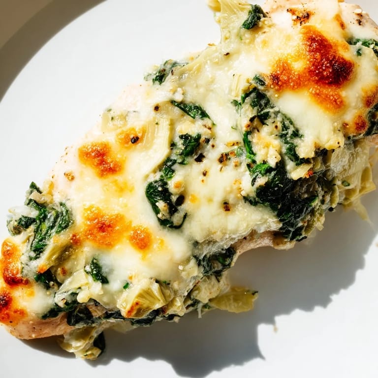 A golden, cheesy Spinach & Artichoke Chicken Bake rests in a baking dish, garnished with fresh parsley.