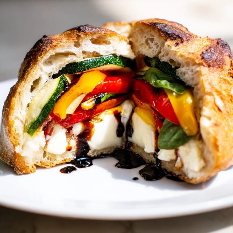 A golden, crispy Roasted Veggie Caprese Grilled Cheese served warm, drizzled with balsamic glaze and fresh basil.