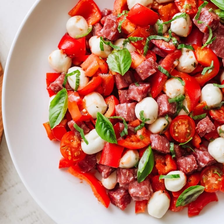 Close-up of Crunchy Antipasto Chopped Salad showing diced salami and mozzarella pearls nestled among crisp veggies and chickpeas, ready to serve.