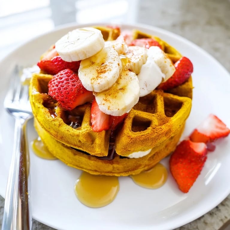 Stack of freshly cooked Anti-Inflammatory Adaptogenic Turmeric Waffles, fragrant with warm spices and golden color.