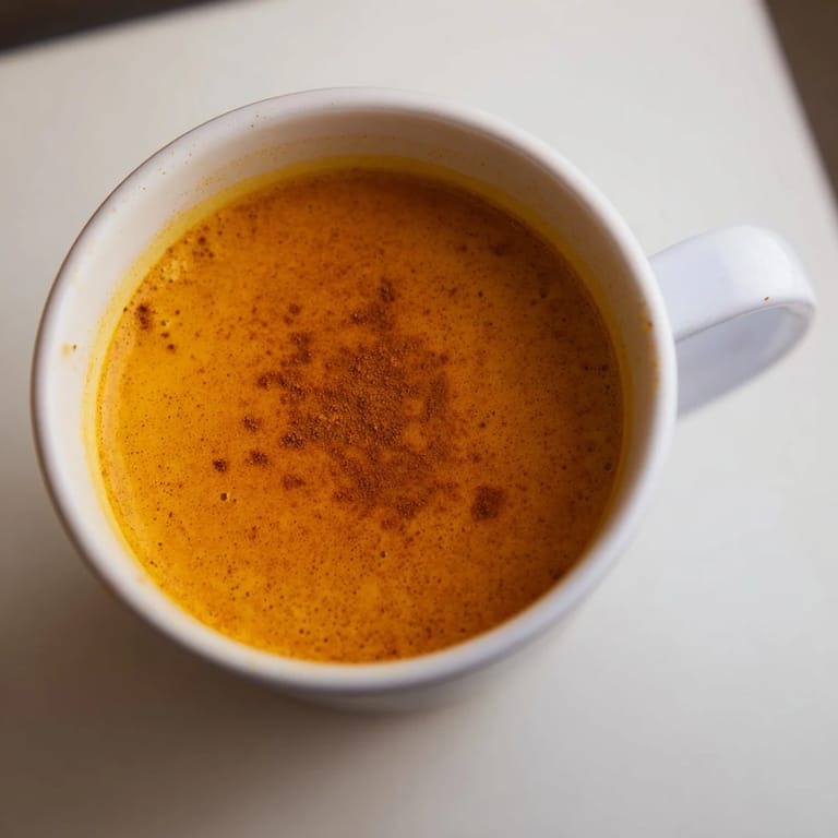 Spiced turmeric and ginger golden milk in a cozy mug, offering a soothing, aromatic beverage perfect for winding down.