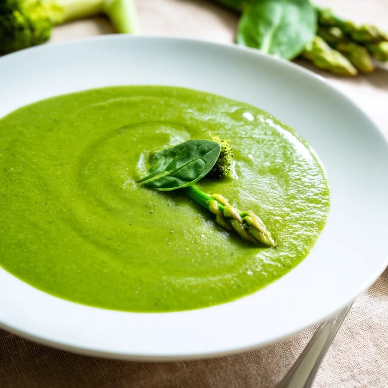 A blender-ready pot of Big Green Immunity-Boosting Vegetable Soup featuring broccoli and cashew cream.