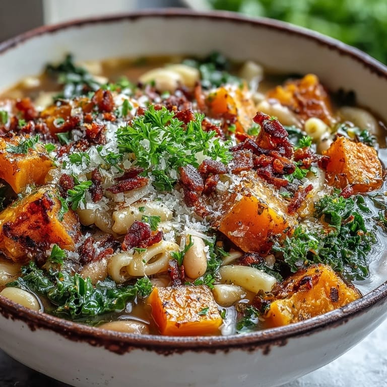 Hearty Fall Minestrone with kale and ditalini pasta steaming in a cozy autumn kitchen setting.