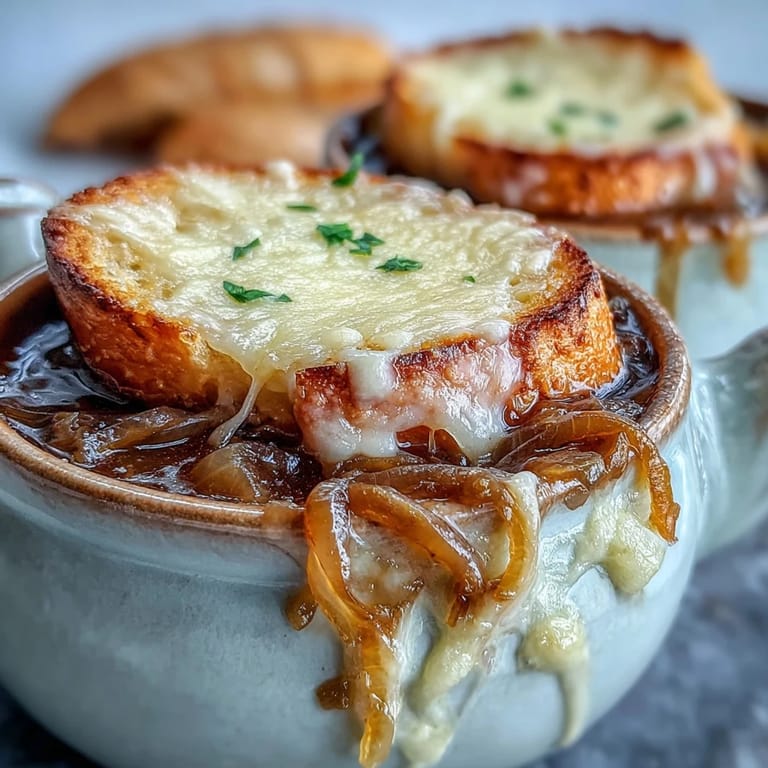 Deeply caramelized onions swim in savory broth under a crusty baguette slice.