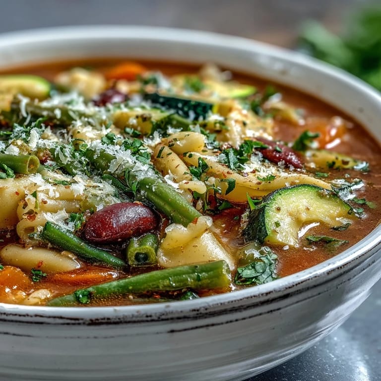 A pot of simmering Minestrone Soup, featuring tender pasta and vibrant spinach in a rich red tomato broth.