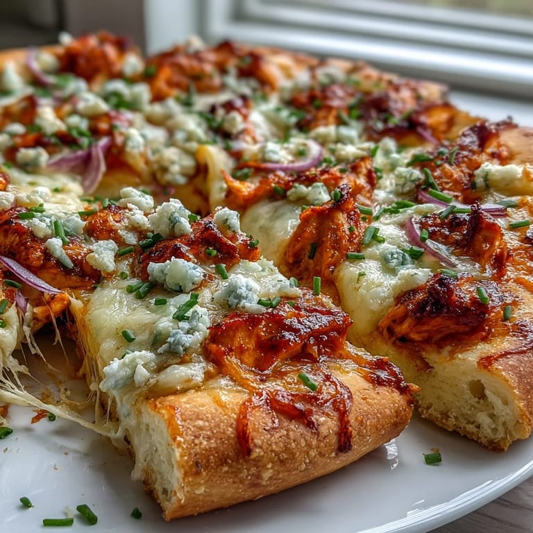 A rustic wooden platter holds a fully baked Buffalo Chicken Pizza, garnished with green onions and served with celery sticks on the side.