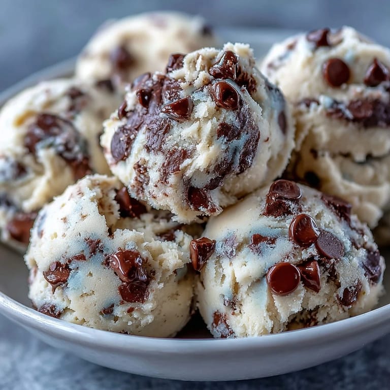 A chilled bowl of Greek Yogurt Cookie Dough reveals its creamy, scoopable texture topped with chocolate chips.