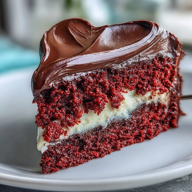 Slice of Red Betty Boop Heart Cake revealing soft layers and velvety cream cheese frosting on a marble slab. 