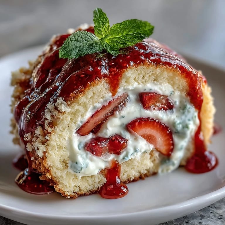 Bright slices of Strawberry Shortcake Sushi Roll reveal layered berries and creamy filling, served on a minimalist white plate for contrast.