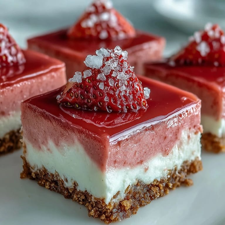 Chilled No-Bake Strawberry Fudge Squares cut into neat squares, revealing a creamy strawberry fudge center.