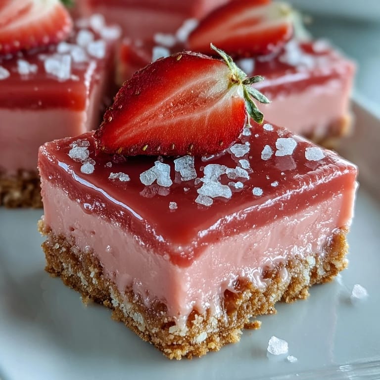 Close-up of a hand holding a No-Bake Strawberry Fudge Square with a bite taken out.