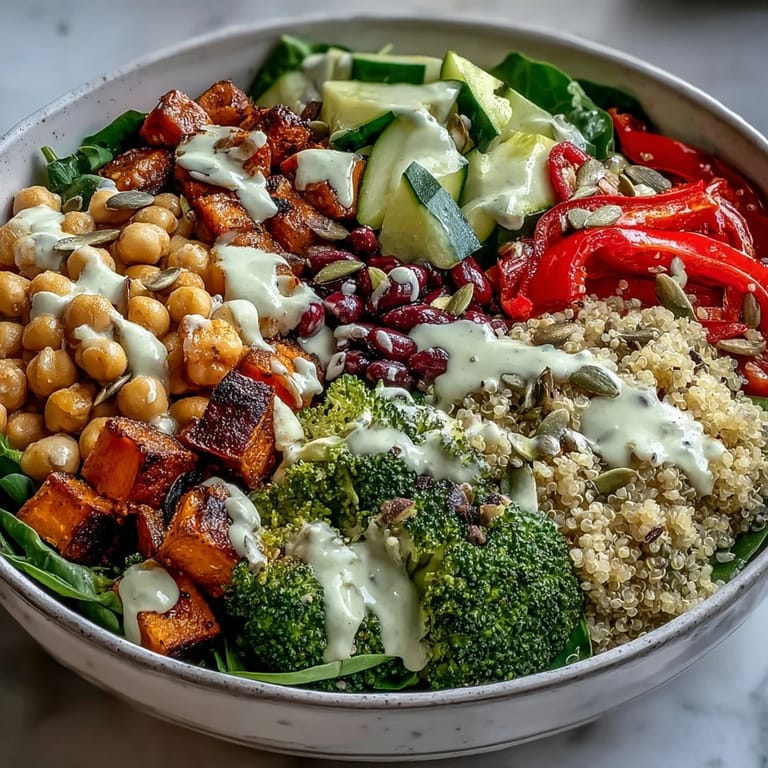 Colorful Meal Prep Week-Long Power Bowl featuring quinoa, roasted broccoli, chickpeas, and crunchy almond topping.