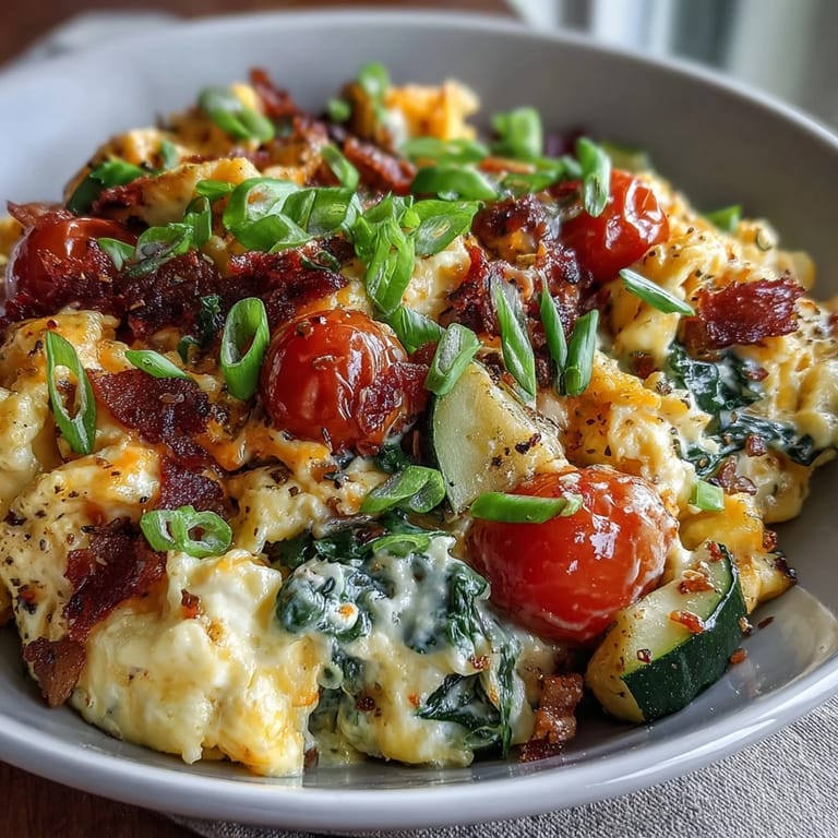 Quick 20-minute Scrambled Egg and Veggie Bowl with vibrant red bell pepper, zucchini, and soft scrambled eggs, served warm.