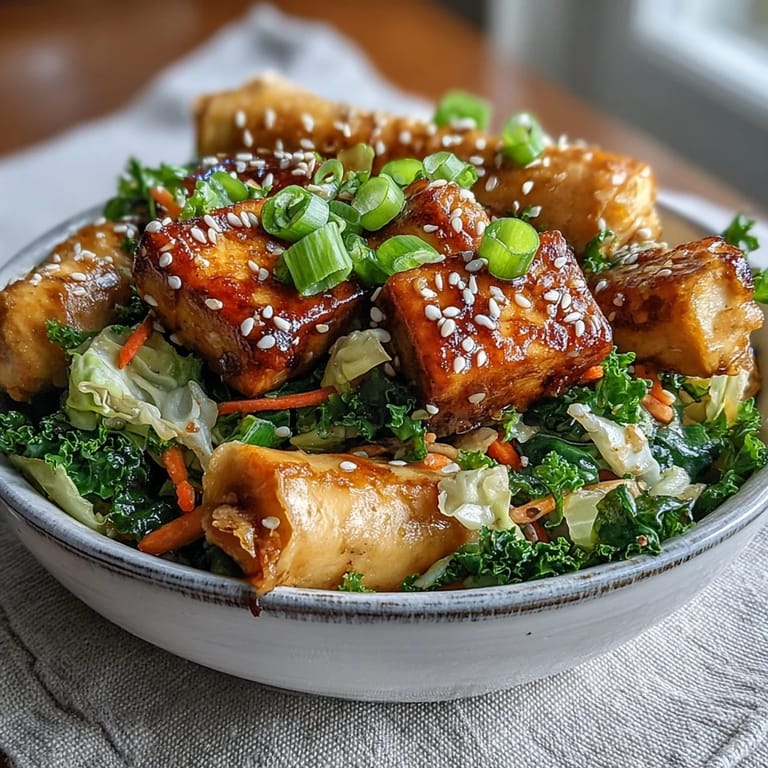 Bowl of Tofu Egg Roll in a Bowl garnished with fresh green onions and sesame seeds, served hot for a healthy lunch.