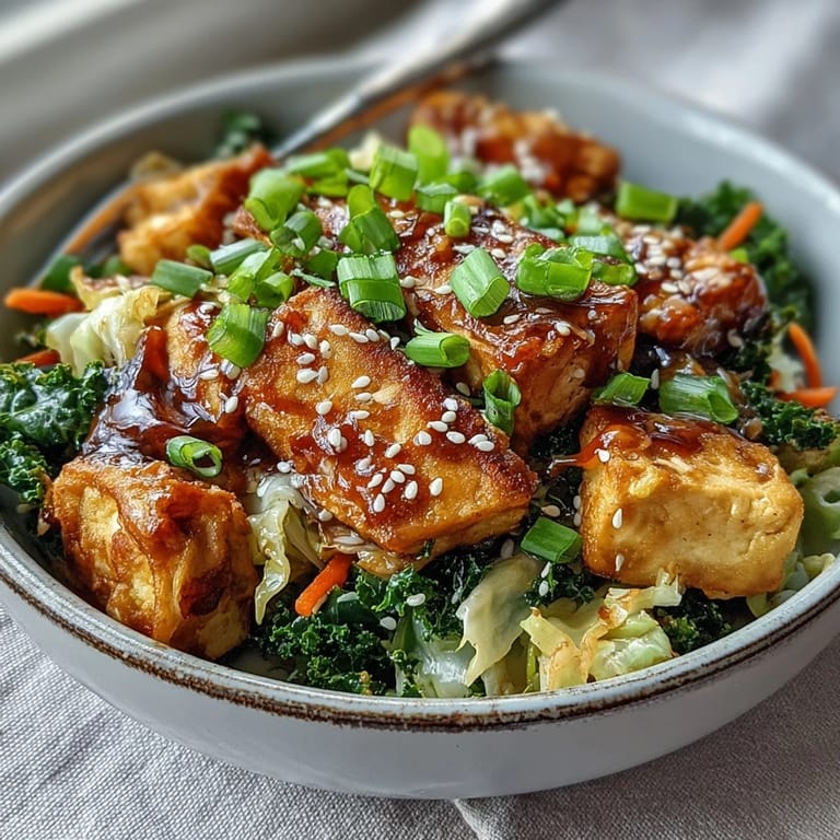 Close-up of a quick Tofu Egg Roll in a Bowl recipe featuring wilted spinach and a glossy umami sauce, perfect for meal prep.