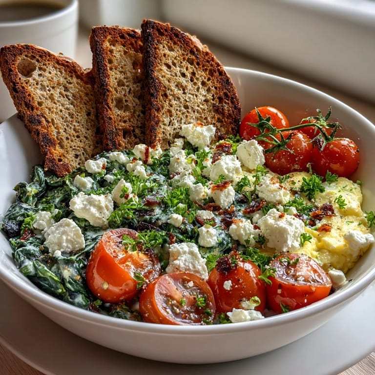 A close-up of a warm Spinach and Feta Breakfast Bowl with sautéed spinach, juicy tomatoes, and crispy whole grain bread on the side.