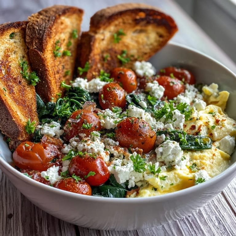 Bright cherry tomatoes and fresh parsley garnish this hearty Spinach and Feta Breakfast Bowl, featuring soft eggs and crumbled feta.