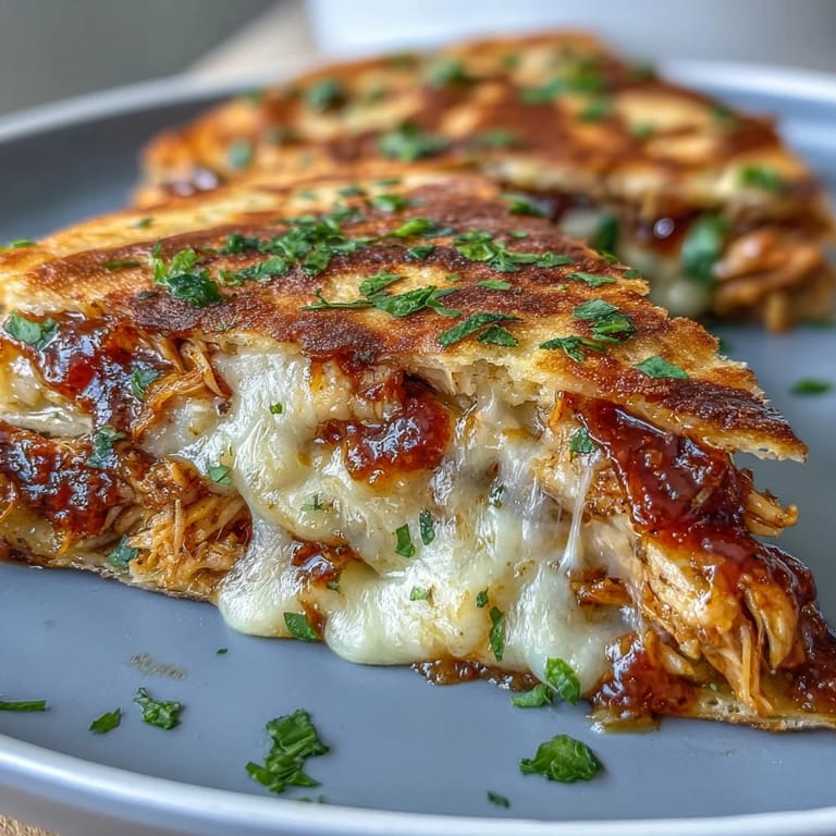 Golden brown Hot Honey BBQ Chicken Quesadillas are cut into wedges, revealing melted mozzarella and onions inside.