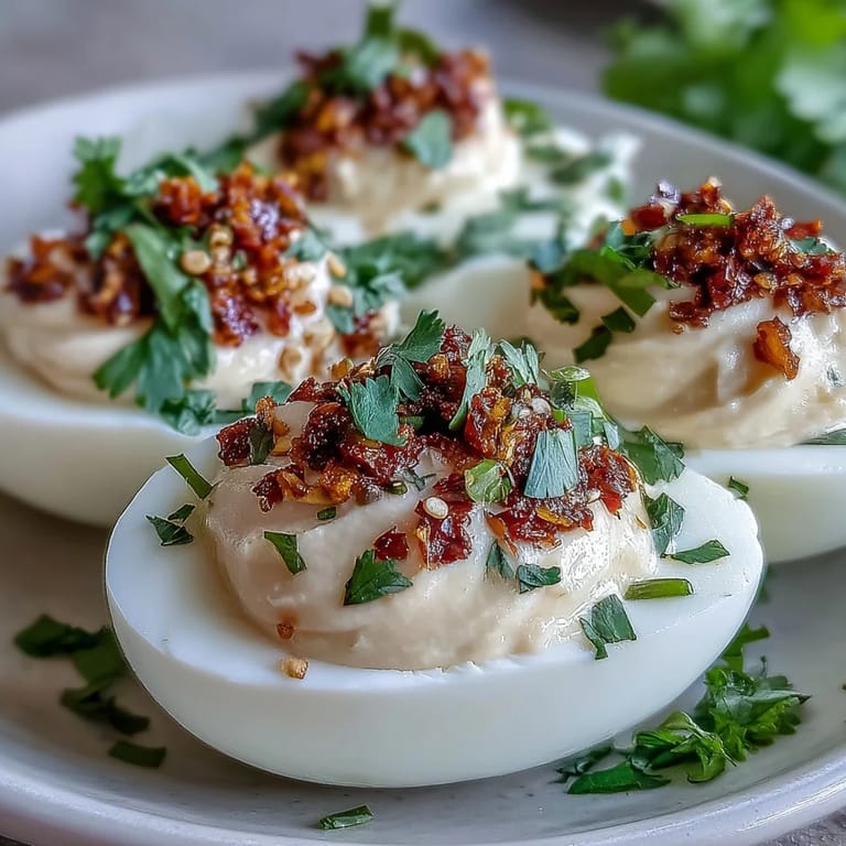 Close-up of Spicy Chili Garlic Deviled Eggs with a smooth yolk mixture and a crunchy, aromatic sesame chili topping.