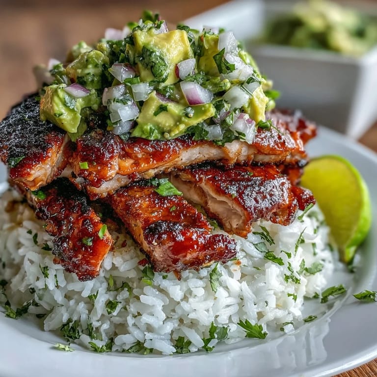 Close-up of a Tangy Honey Lime Chicken and Avocado Rice Stack, highlighting the charred chicken and fresh cilantro garnish.