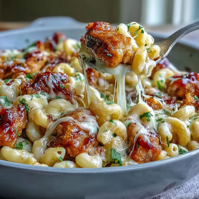 A close-up of the Sticky Honey BBQ Chicken Pasta Skillet garnished with fresh parsley and green onions.