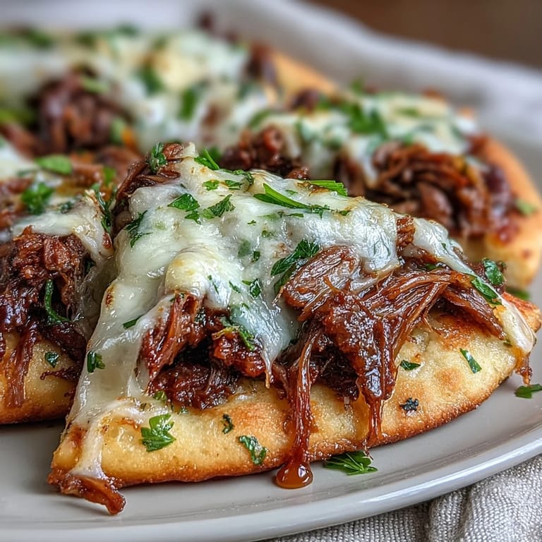 Golden, bubbly cheese blankets tender pot roast inside fluffy naan, served with rich, savory jus for dipping on the side.