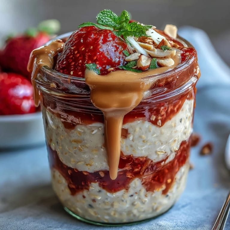Morning sunlight highlights the thick texture of our High-Protein Peanut Butter & Jelly Overnight Oats with a vibrant jam swirl.