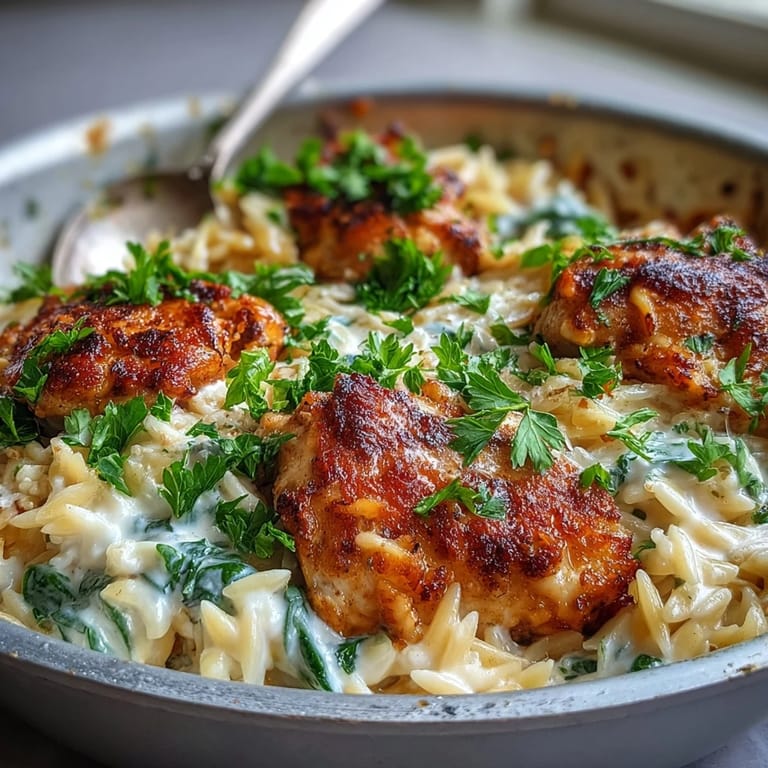 Juicy seared chicken, wilted spinach, and grated Parmesan garnish a creamy garlic Parmesan orzo in a warm skillet.