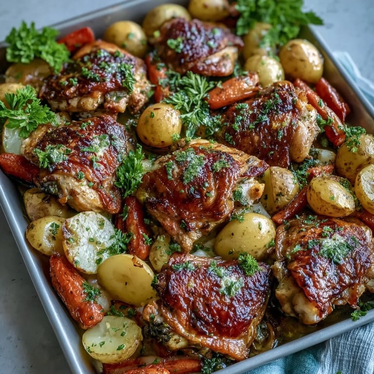 Crispy Ranch Sheet Pan Chicken & Veggies features juicy bone-in thighs and colorful vegetables baked together for a simple, flavorful meal.