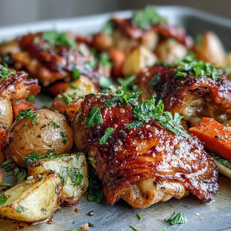 Roasted Crispy Ranch Sheet Pan Chicken & Veggies recipe with a rustic garnish of fresh parsley.