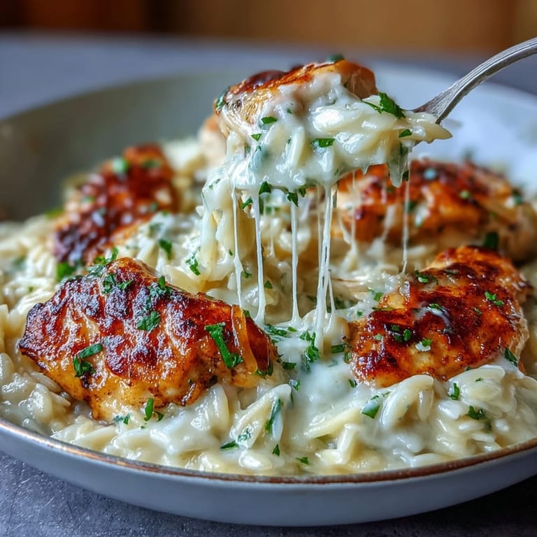 Steam rises from a comforting skillet of One-Pot Creamy Garlic Parmesan Chicken Orzo, served alongside a fresh green salad.