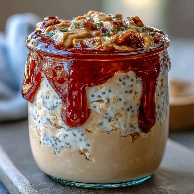 Chilled jar of High-Protein Peanut Butter & Jelly Overnight Oats ready to eat for a quick, healthy breakfast.
