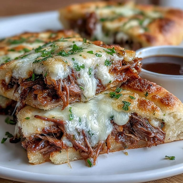 Warm bread and Slow Cooker Beef & Garlic Naan Melt topped with fresh cilantro, ready to enjoy.