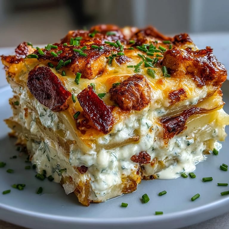 A spoon lifts a hearty serving of Creamy Ranch Chicken Potato Bake from a baking dish, with steam rising from the creamy casserole.