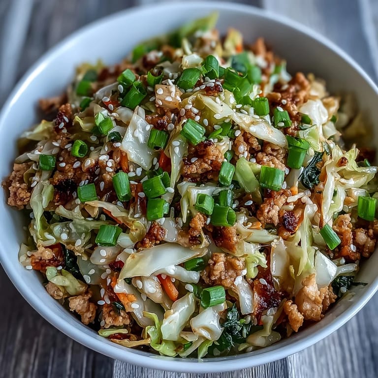 A close-up of Keto Egg Roll in a Bowl with Ground Turkey and Sesame Oil, featuring sautéed cabbage, carrots, and savory crumbled turkey tossed in rich sesame oil.