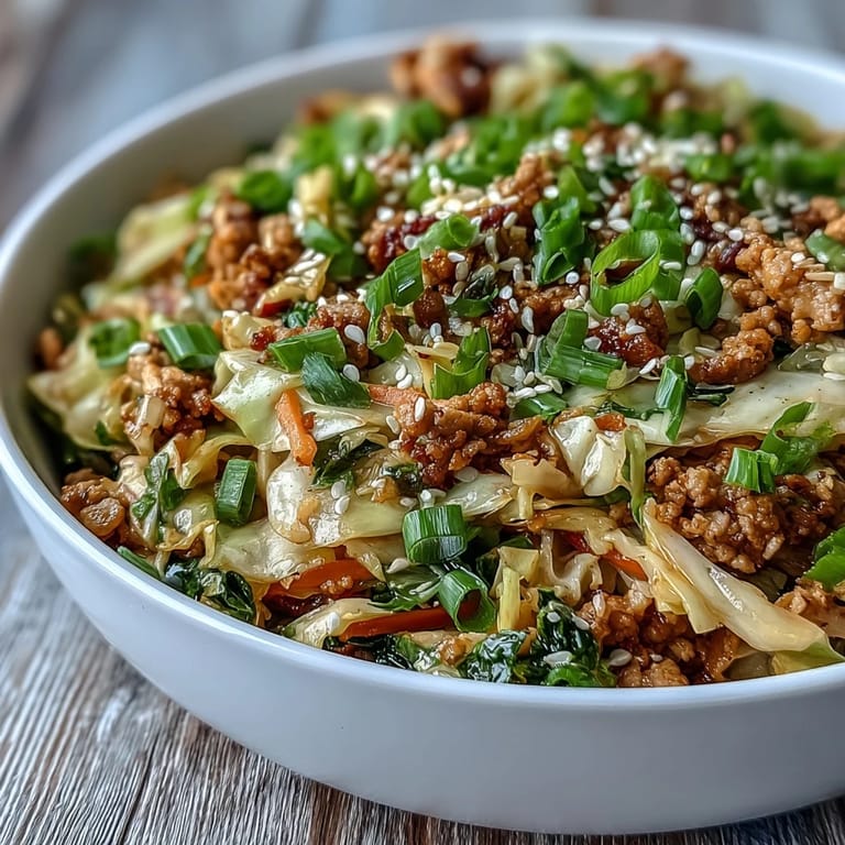 Overhead view of Keto Egg Roll in a Bowl with Ground Turkey and Sesame Oil, ready to eat alongside chopsticks and a small dish of soy sauce.