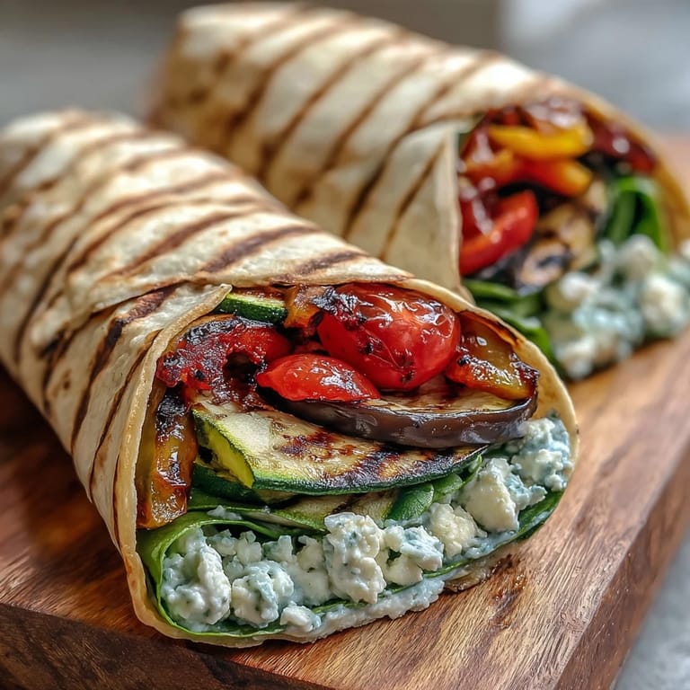 A close-up of a sliced Mediterranean Grilled Vegetable Wrap, revealing layers of grilled veggies and crumbled feta.