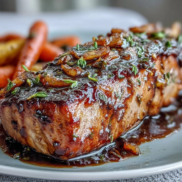 Tender glazed pork and caramelized rainbow carrots for a colorful One-Pan Honey Balsamic Pork Tenderloin dinner.