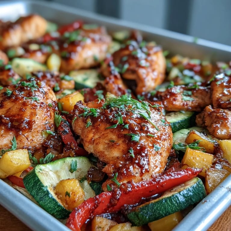 Easy one-pan meal featuring tender chicken, chili spices, and tropical mango, roasted with crisp vegetables until golden and fragrant.