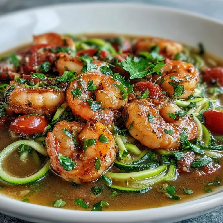 Quick and colorful 15-Minute Zucchini Noodle Shrimp Bowl with Lemon-Garlic Broth, packed with succulent shrimp, zucchini noodles, and tangy citrus notes.