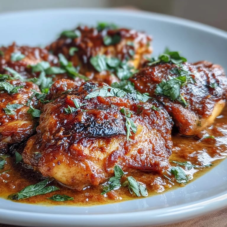 Oven-baked spicy chicken curry with juicy thighs in creamy coconut-tomato sauce, balanced heat, and fresh lime and herb garnish.