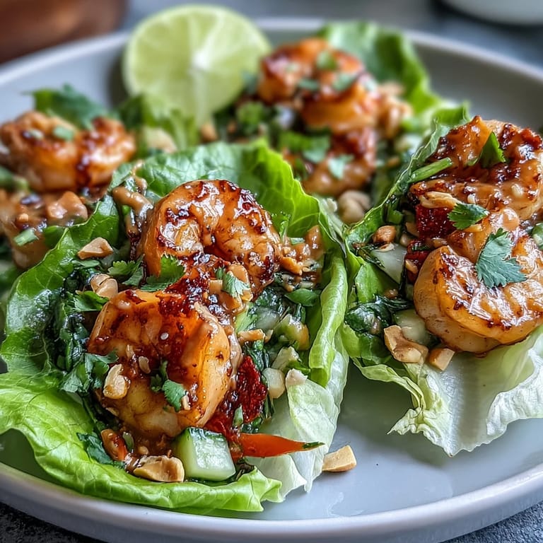 Asian-inspired shrimp lettuce cups filled with tender shrimp, crunchy veggies, and drizzled with rich peanut sauce for vibrant flavor.  