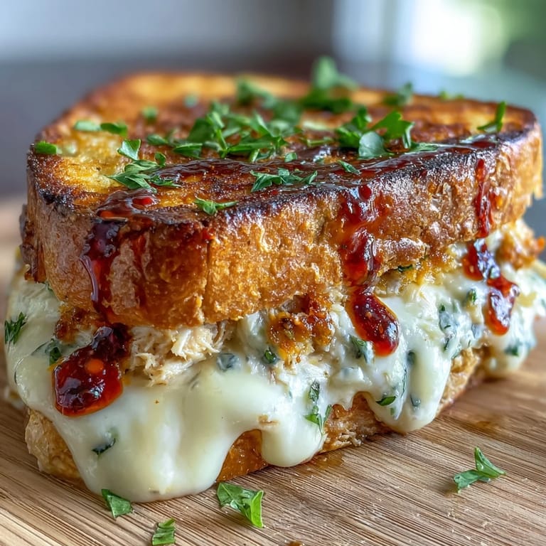 Spicy tuna melt on sourdough bread, featuring Calabrian chili, melted cheese, and fresh parsley garnish for a zesty twist.