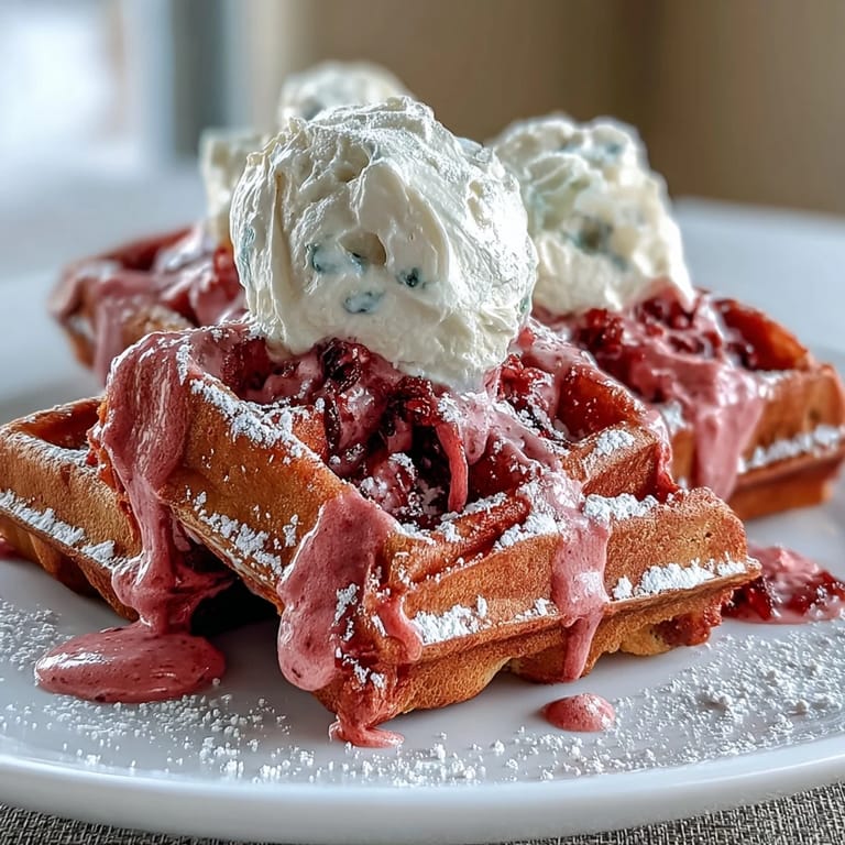 Vibrant pink waffles drizzled with creamy, tangy cream cheese sauce—perfect for a festive Valentine's breakfast spread.  