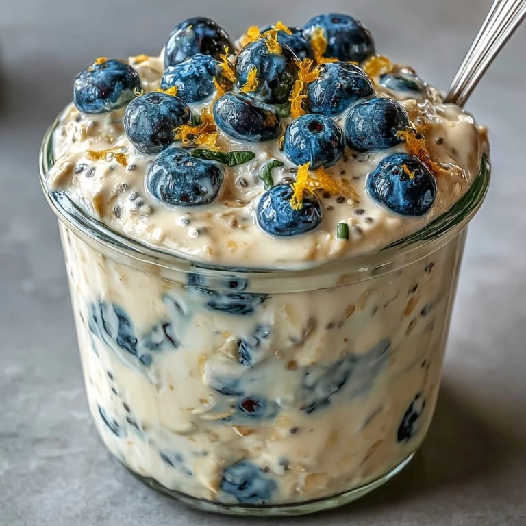 A jar of blueberry lemon overnight oats, creamy and refreshing, ideal for busy mornings or meal prep.